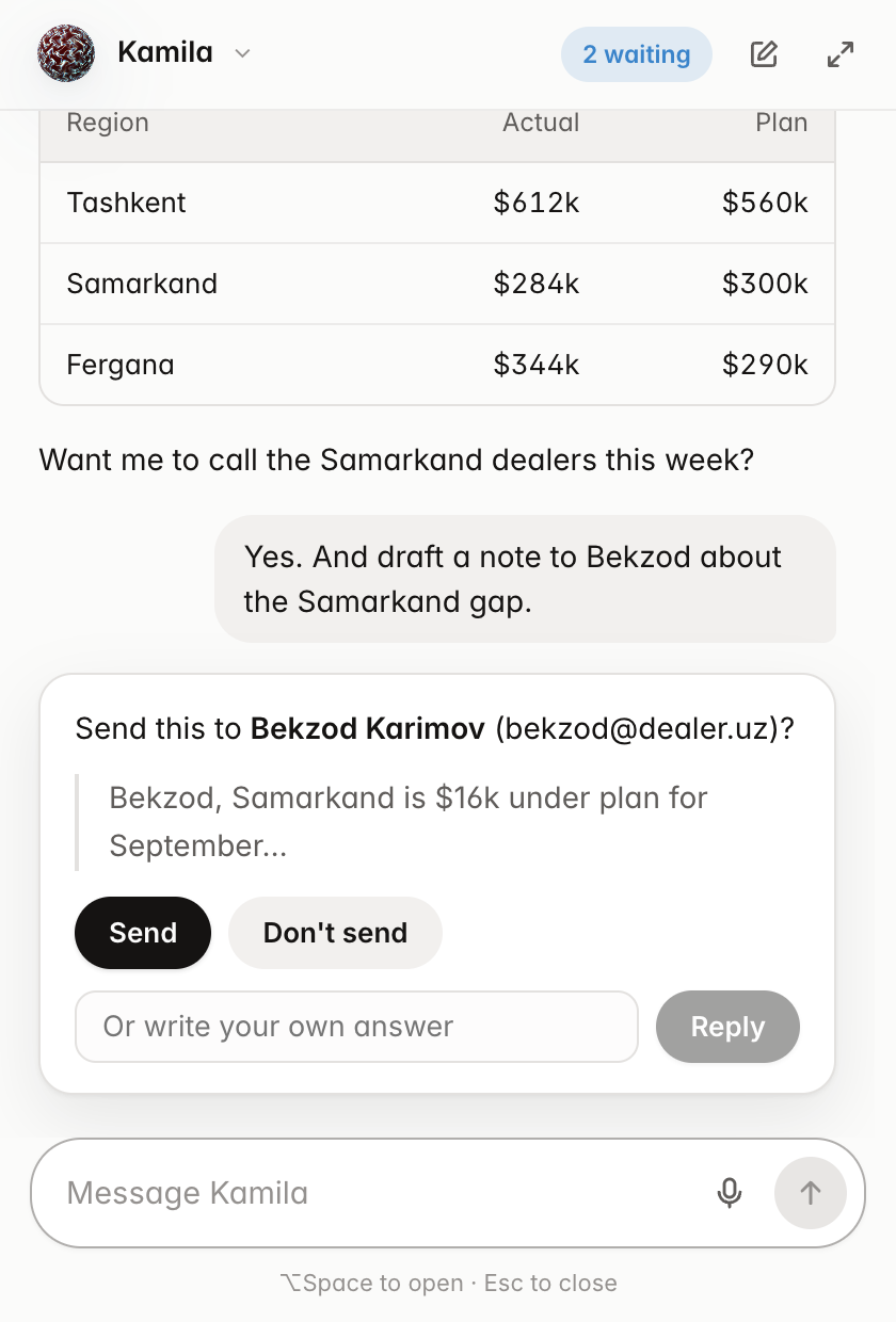 The Renvel Orbs panel asking for approval before sending an email